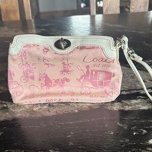 Coach Pink and Cream Carriage Print Wristlet